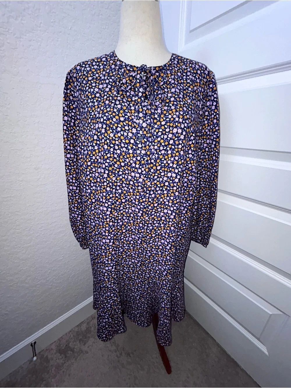 Draper James Floral Print Tie Neck Long Sleeve Ruffle Midi Dress